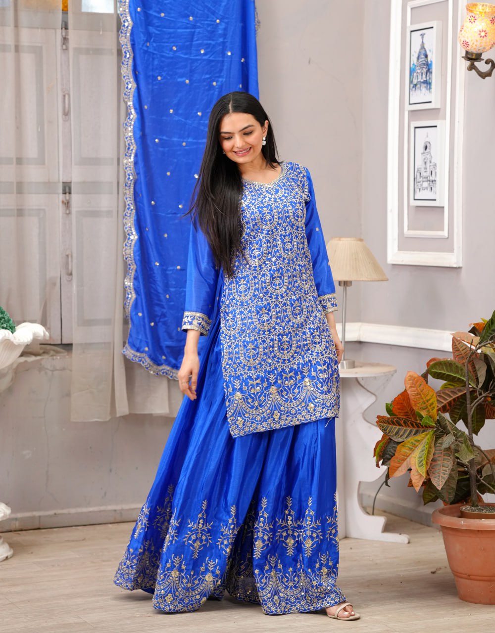 Designer Chinon Sharara Suit with Sequin Embroidery Drape Dress