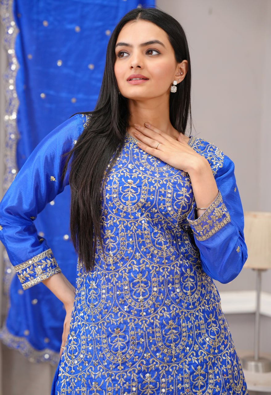 Designer Chinon Sharara Suit with Sequin Embroidery Drape Dress