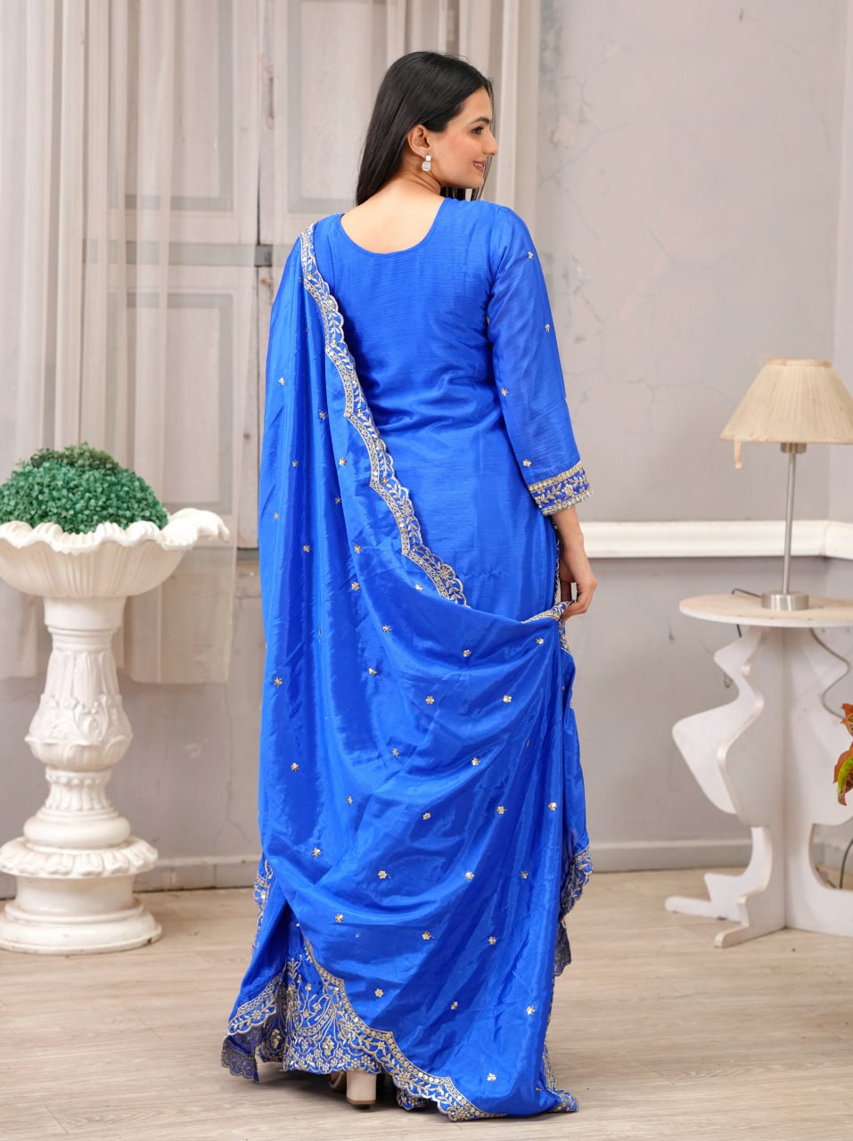 Designer Chinon Sharara Suit with Sequin Embroidery Drape Dress