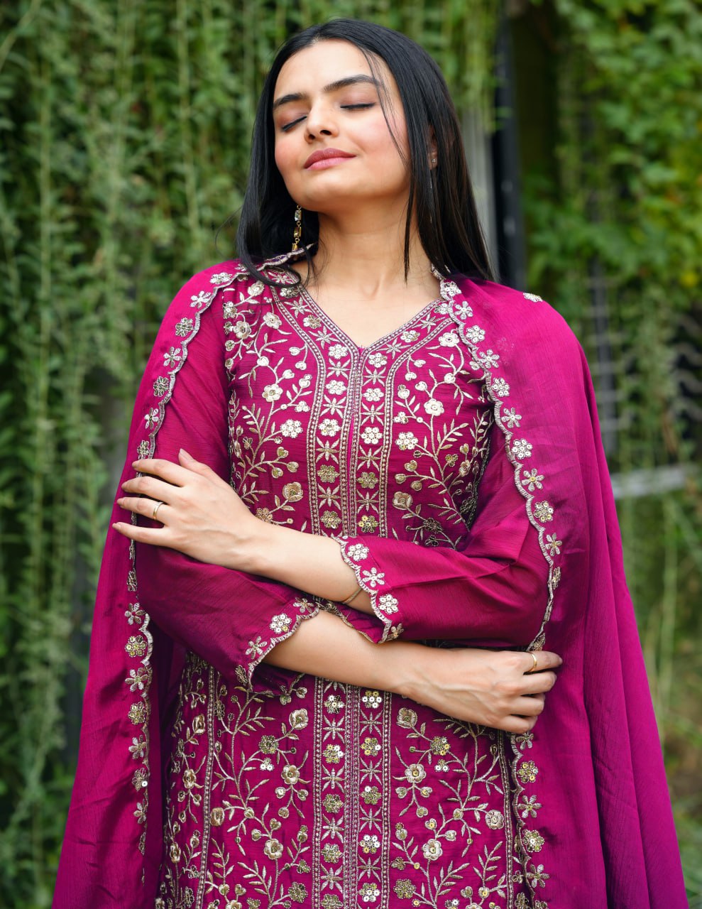 Chinon Designer Sharara Suit with Sequin Embroidery Drape Dress