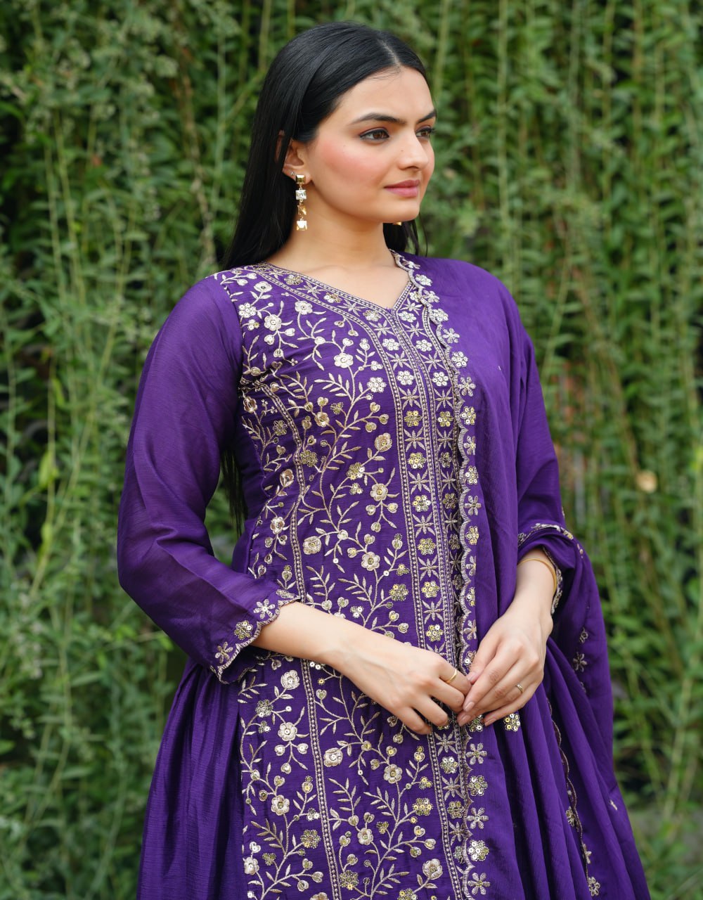 Chinon Designer Sharara Suit with Sequin Embroidery Drape Dress