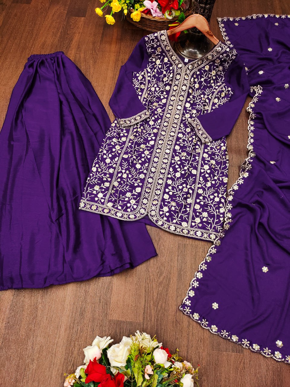 Chinon Designer Sharara Suit with Sequin Embroidery Drape Dress