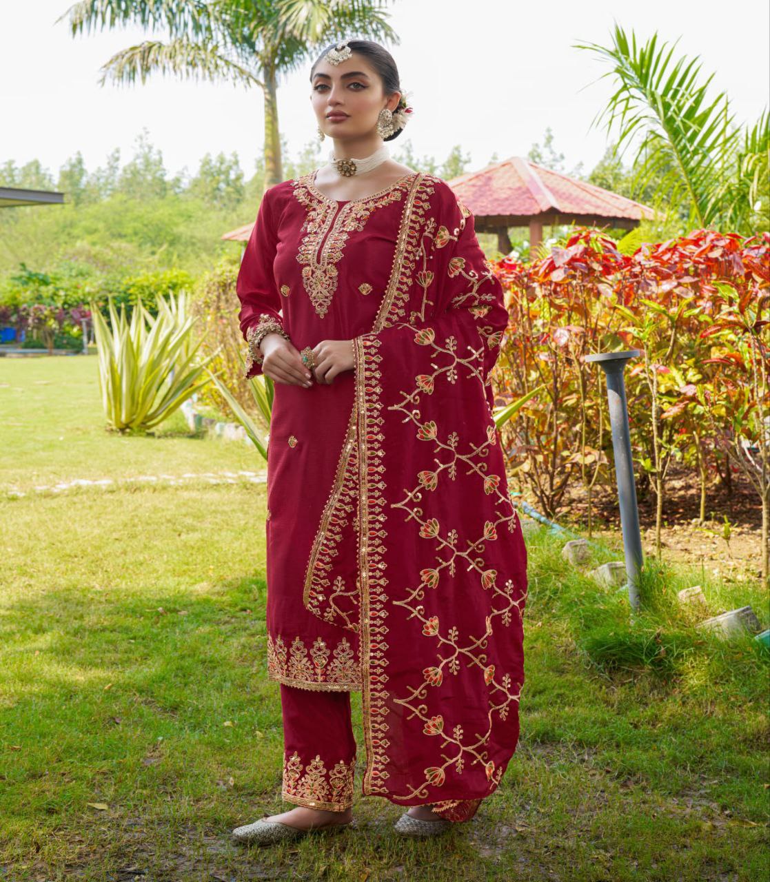 Designer Chinon Embroidered Suit Set | Festive Ethnic Wear Drape Dress
