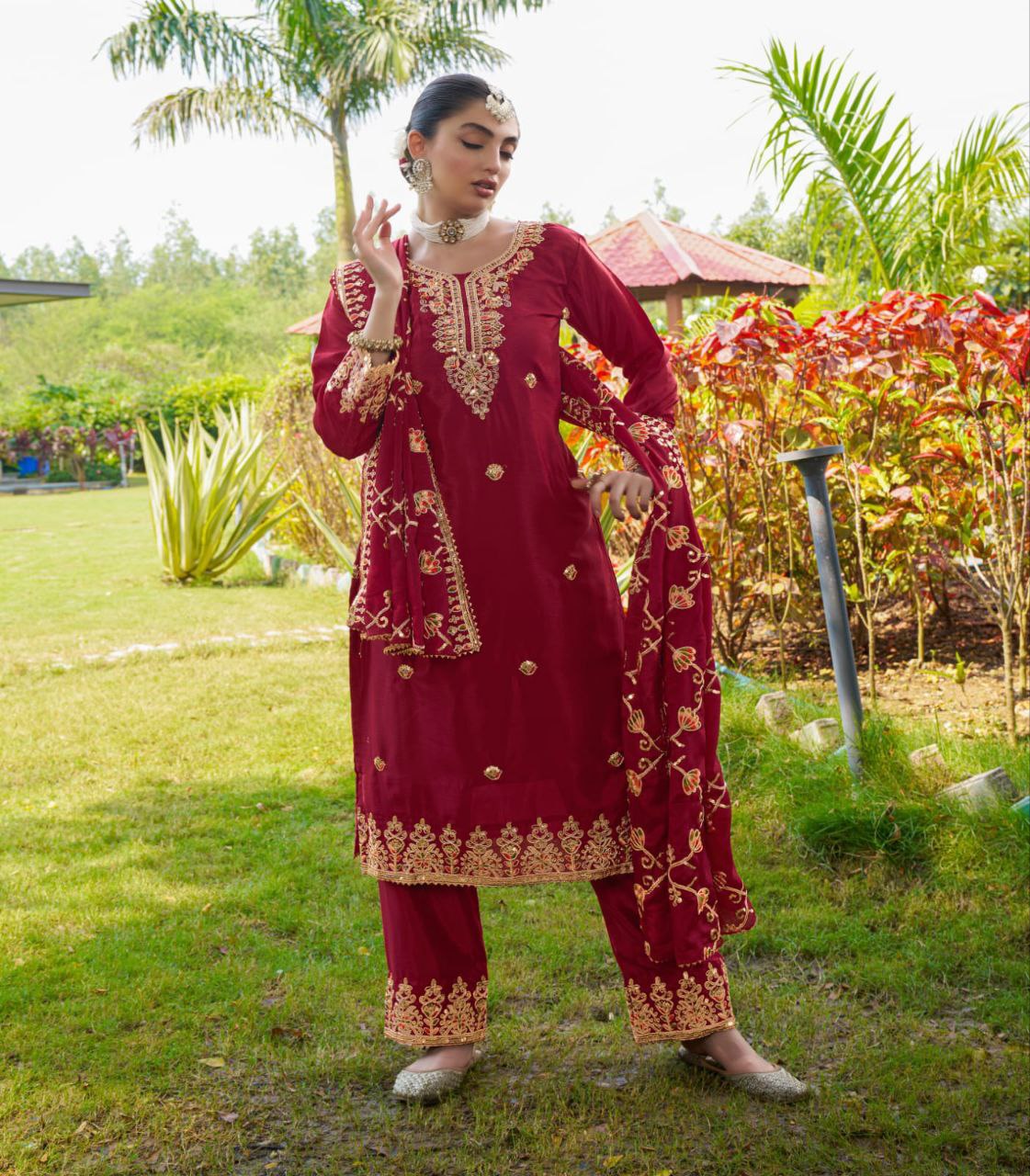 Designer Chinon Embroidered Suit Set | Festive Ethnic Wear Drape Dress