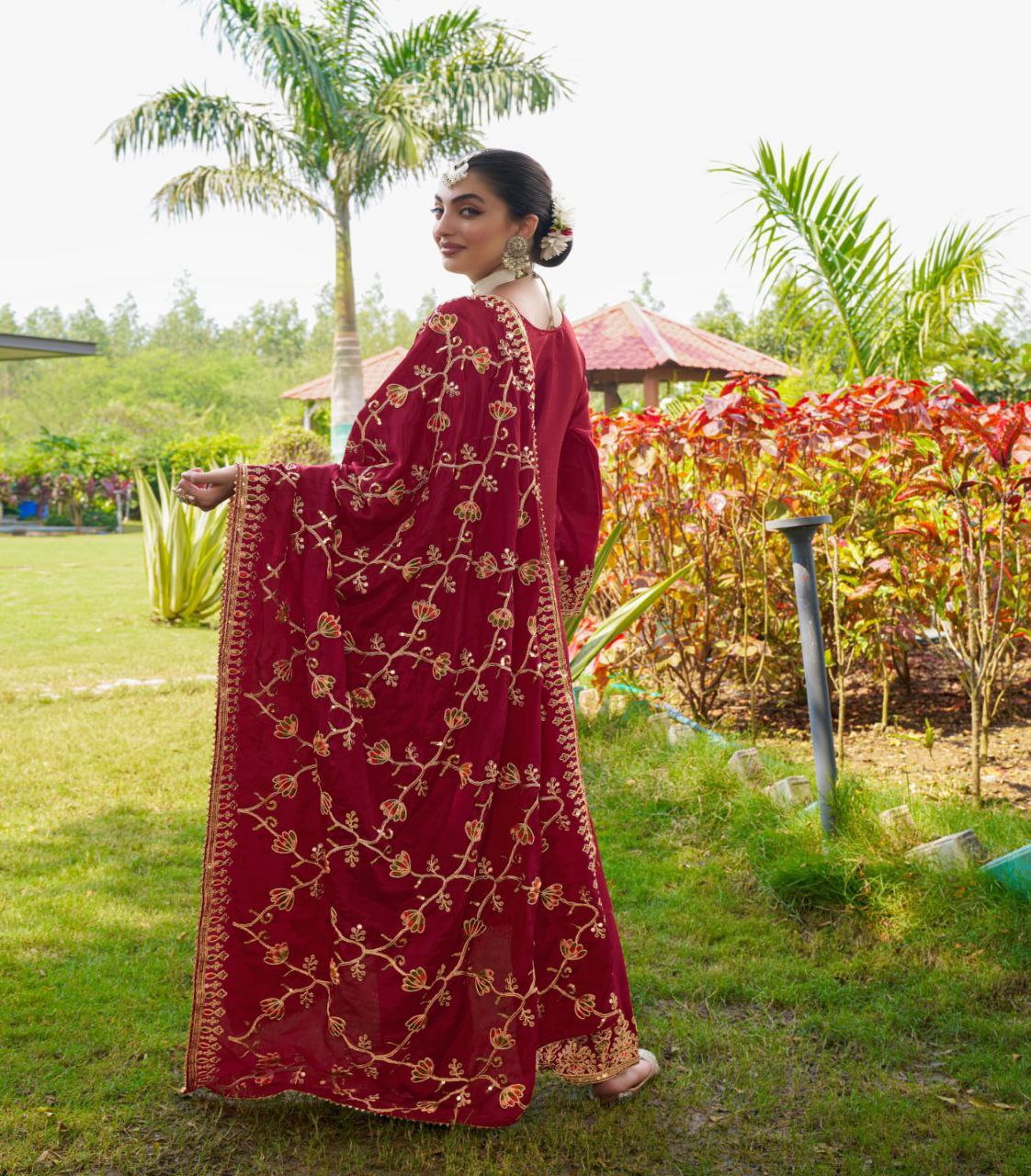 Designer Chinon Embroidered Suit Set | Festive Ethnic Wear Drape Dress