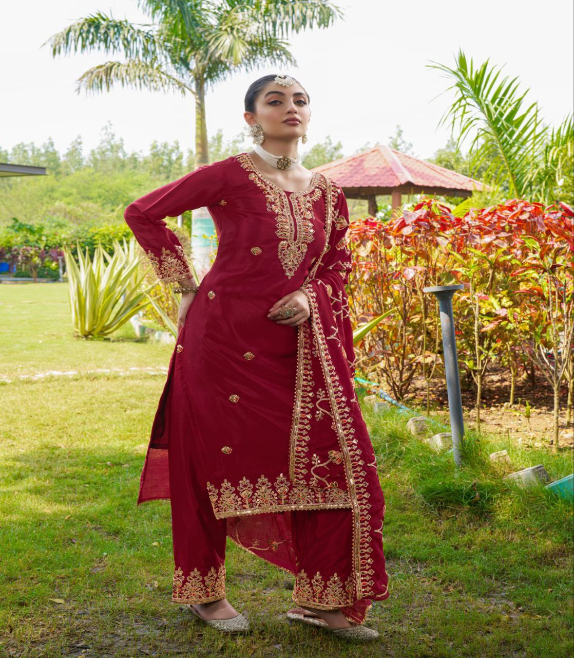 Designer Chinon Embroidered Suit Set | Festive Ethnic Wear Drape Dress