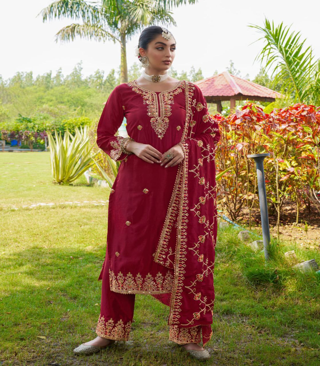 Designer Chinon Embroidered Suit Set | Festive Ethnic Wear Drape Dress