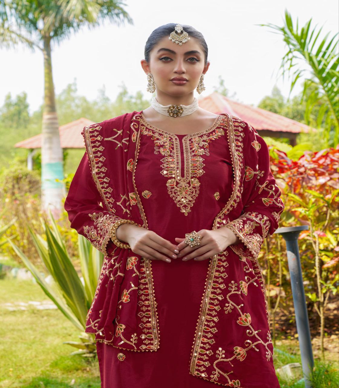 Designer Chinon Embroidered Suit Set | Festive Ethnic Wear Drape Dress