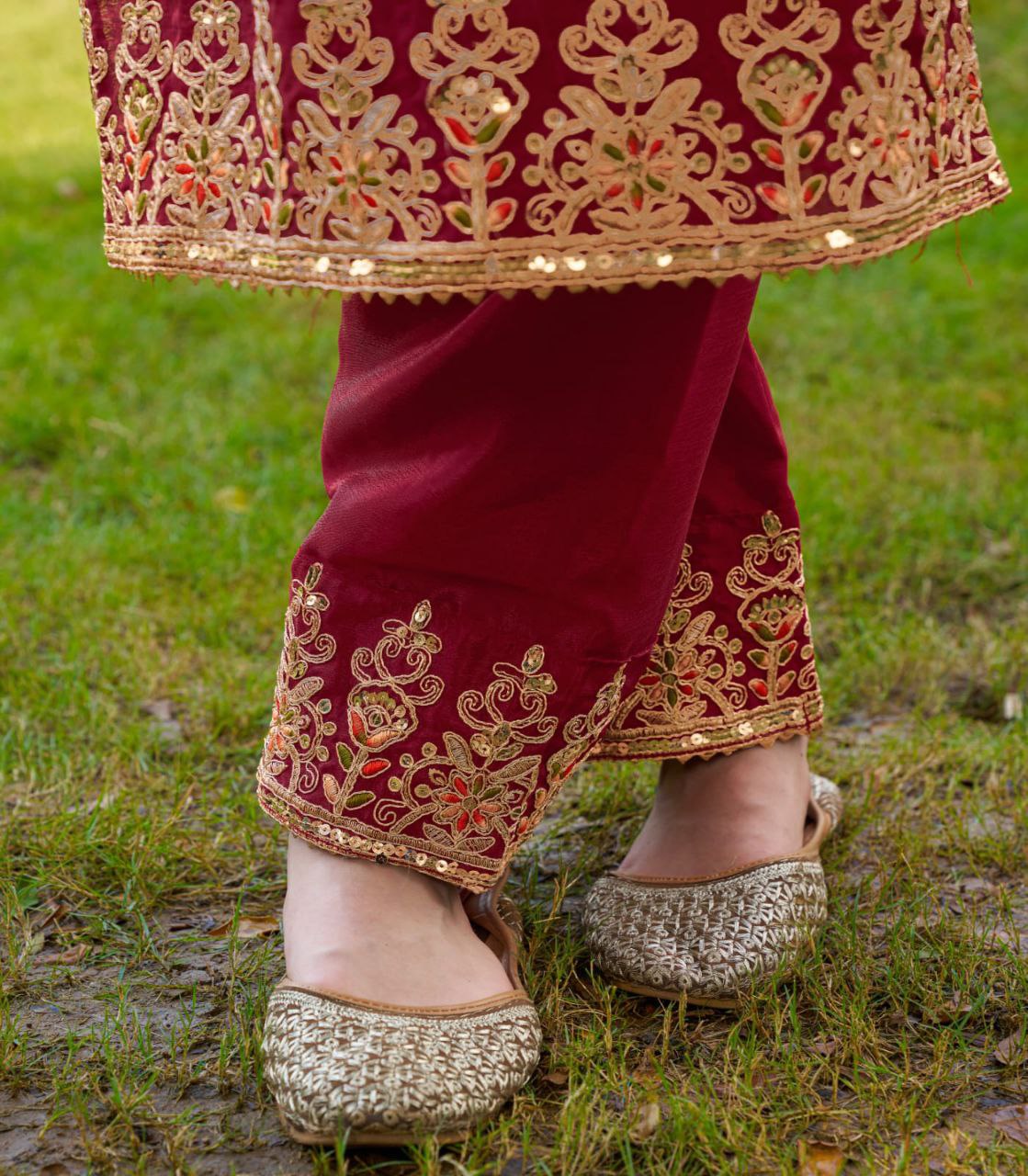 Designer Chinon Embroidered Suit Set | Festive Ethnic Wear Drape Dress