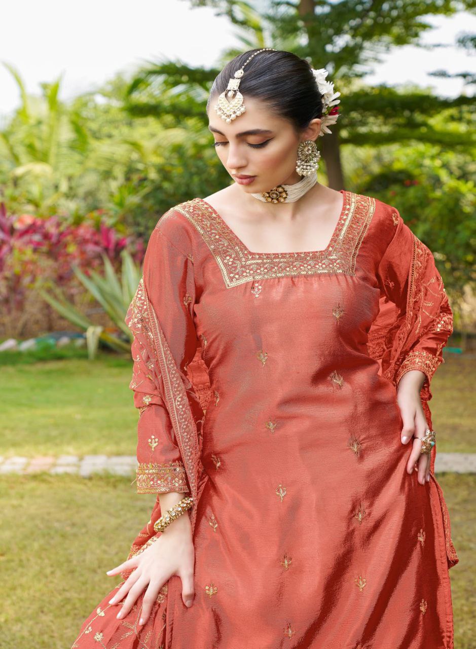 Designer Chinon Embroidered Suit Set | Festive Ethnic Wear Drape Dress