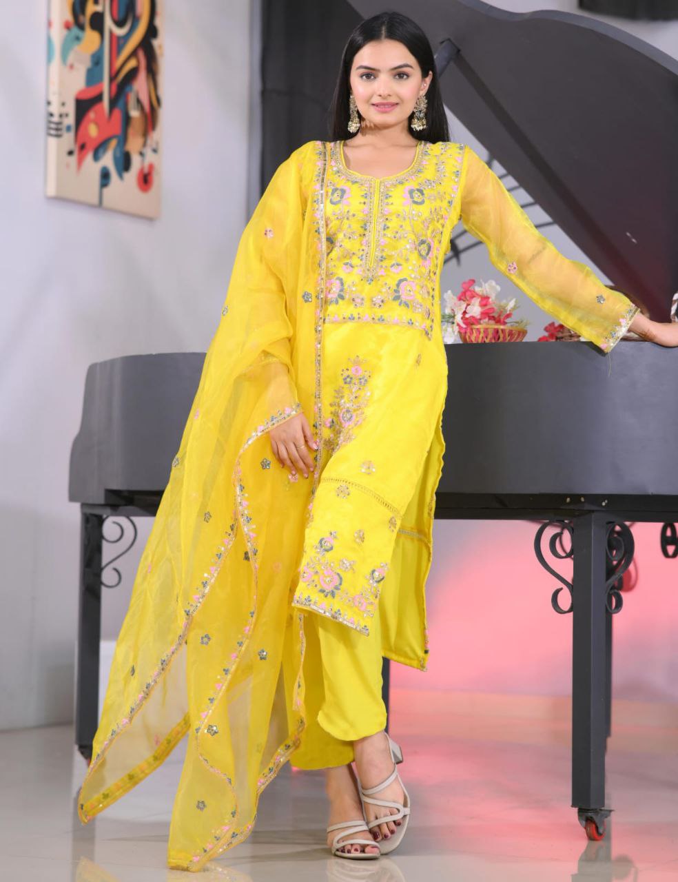 Designer Organza Embroidered Suit Set | Festive Ethnic Wear Drape Dress