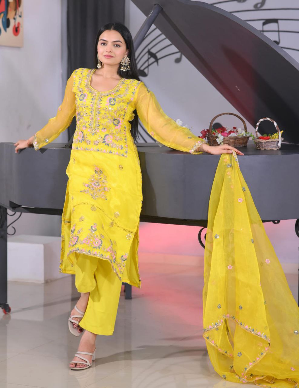 Designer Organza Embroidered Suit Set | Festive Ethnic Wear Drape Dress