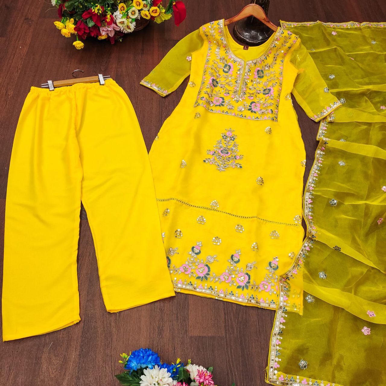 Designer Organza Embroidered Suit Set | Festive Ethnic Wear Drape Dress