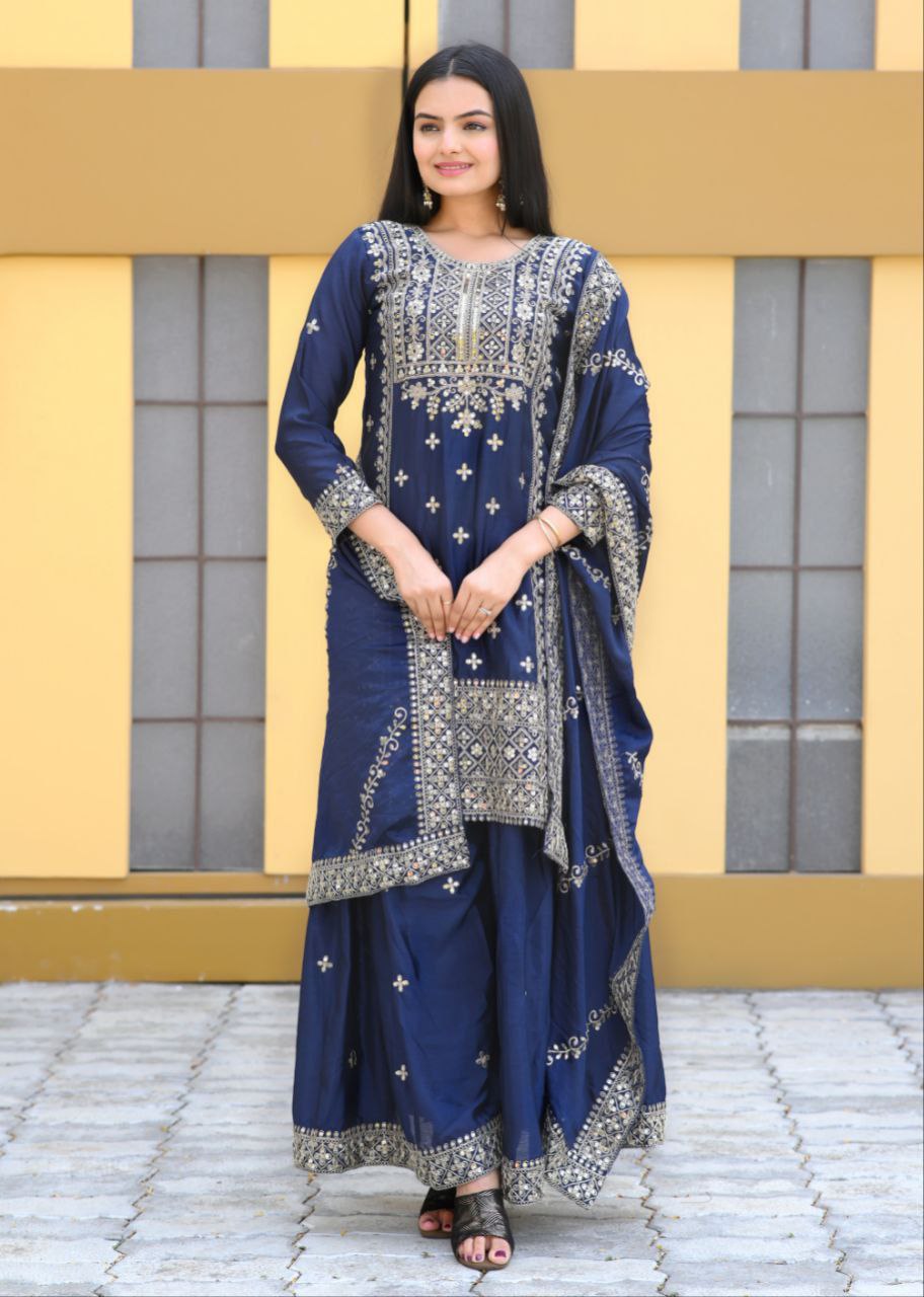 Designer Chinon Suit with Coding Sequin Embroidery | Festive Ethnic Wear Drape Dress