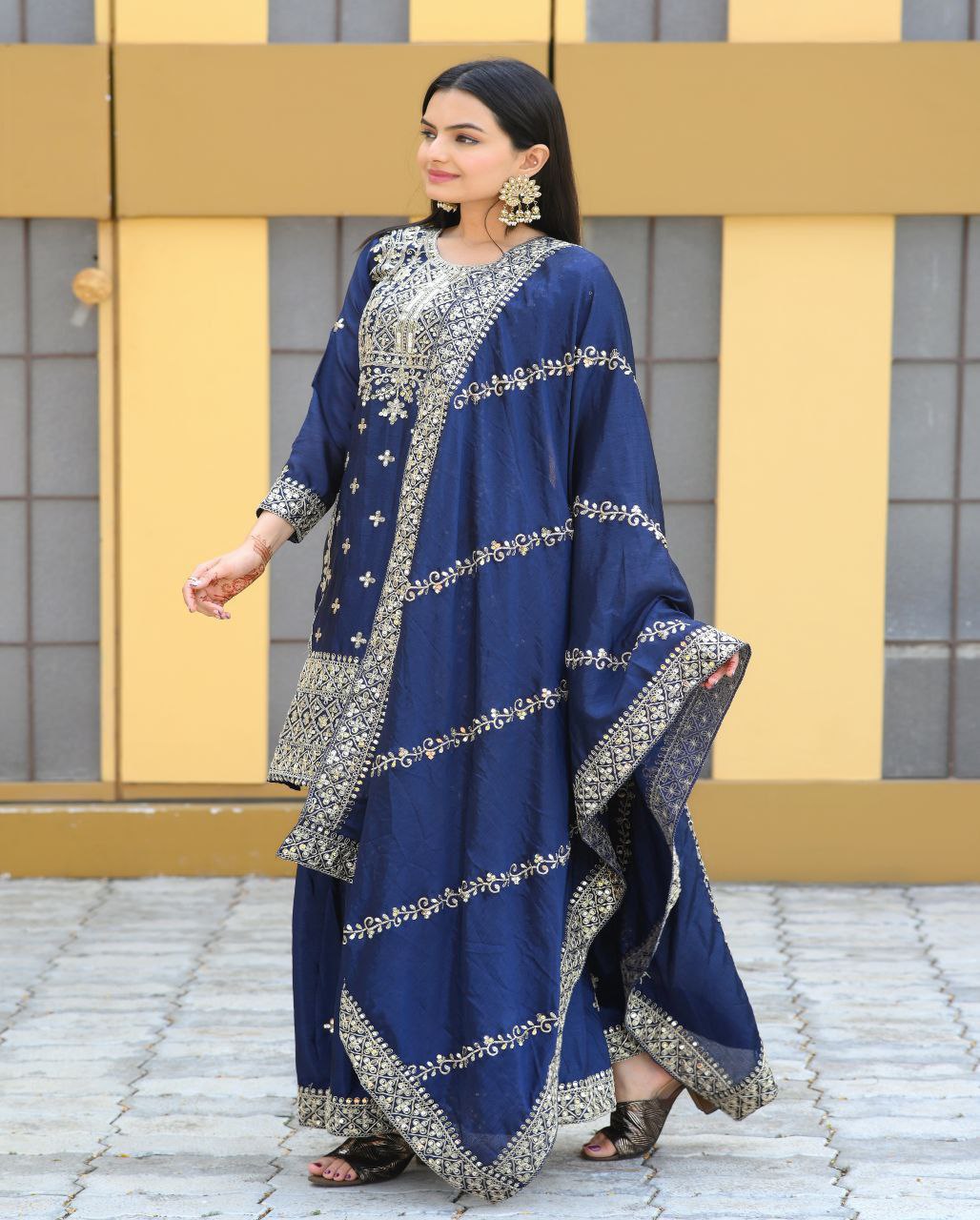 Designer Chinon Suit with Coding Sequin Embroidery | Festive Ethnic Wear Drape Dress