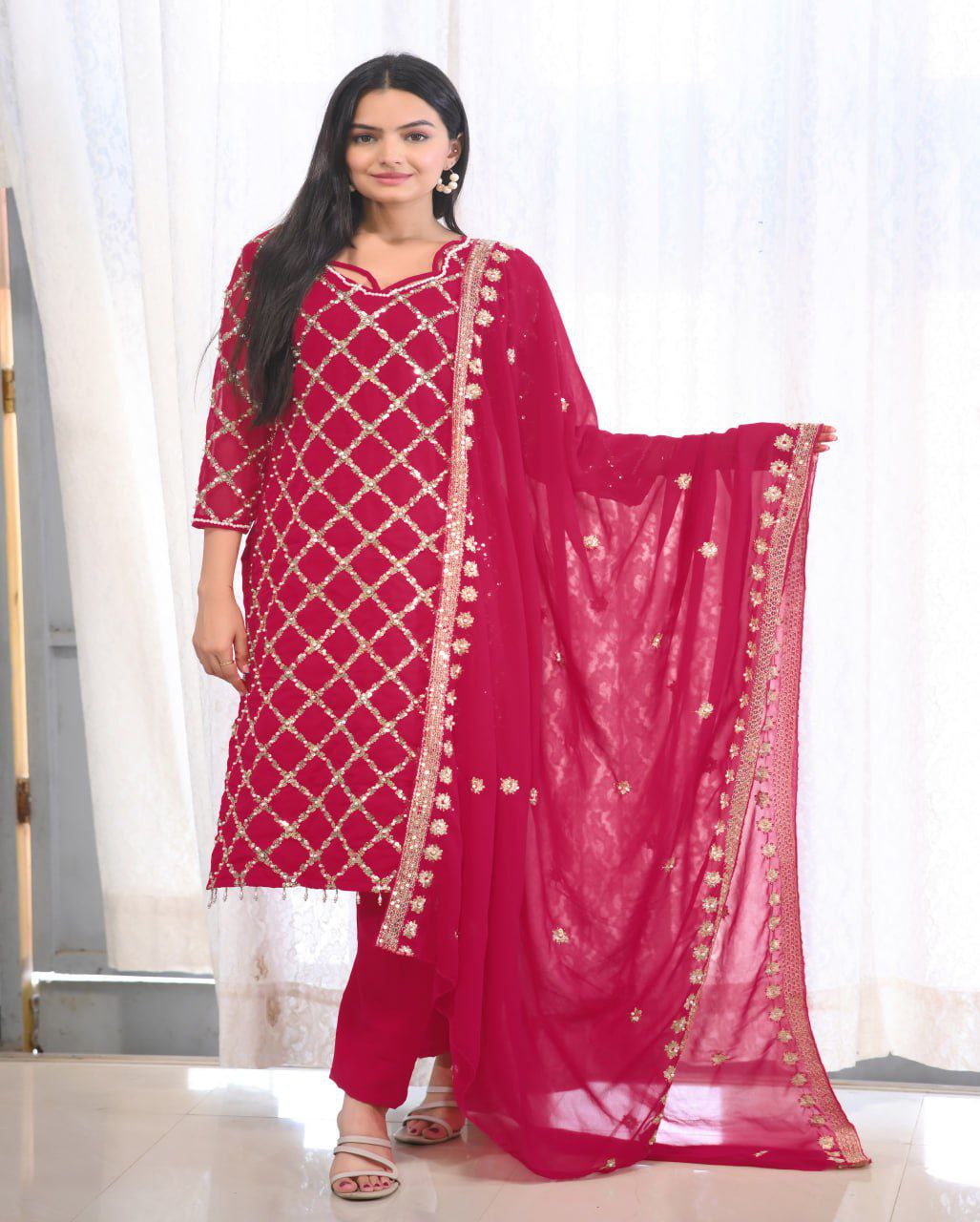 Designer Embroidered Fox Georgette Suit With Sequence Embroidered Work With Rivet Moti Drape Dress