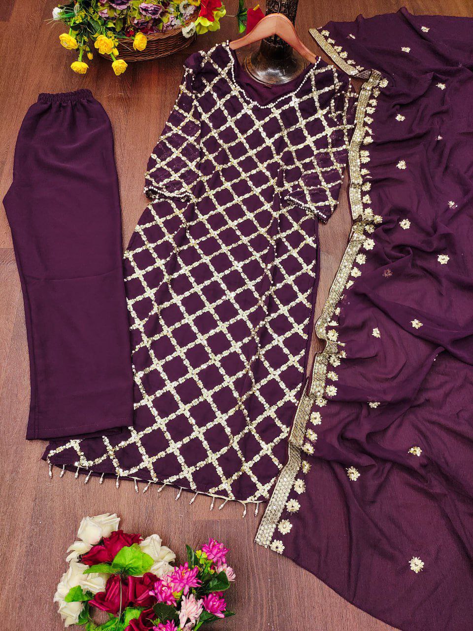 Designer Embroidered Fox Georgette Suit With Sequence Embroidered Work With Rivet Moti Drape Dress