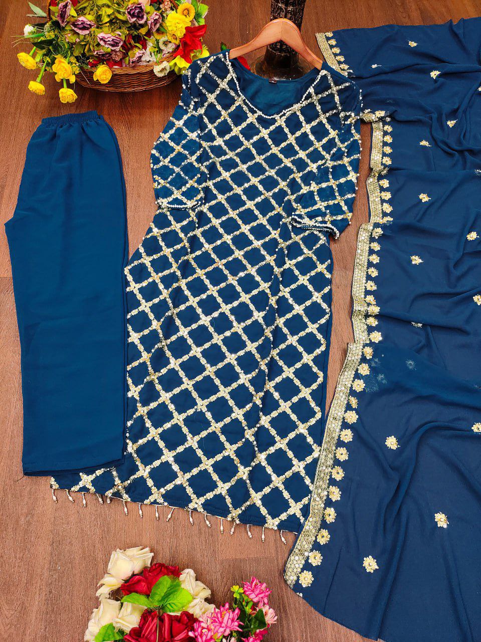 Designer Embroidered Fox Georgette Suit With Sequence Embroidered Work With Rivet Moti Drape Dress