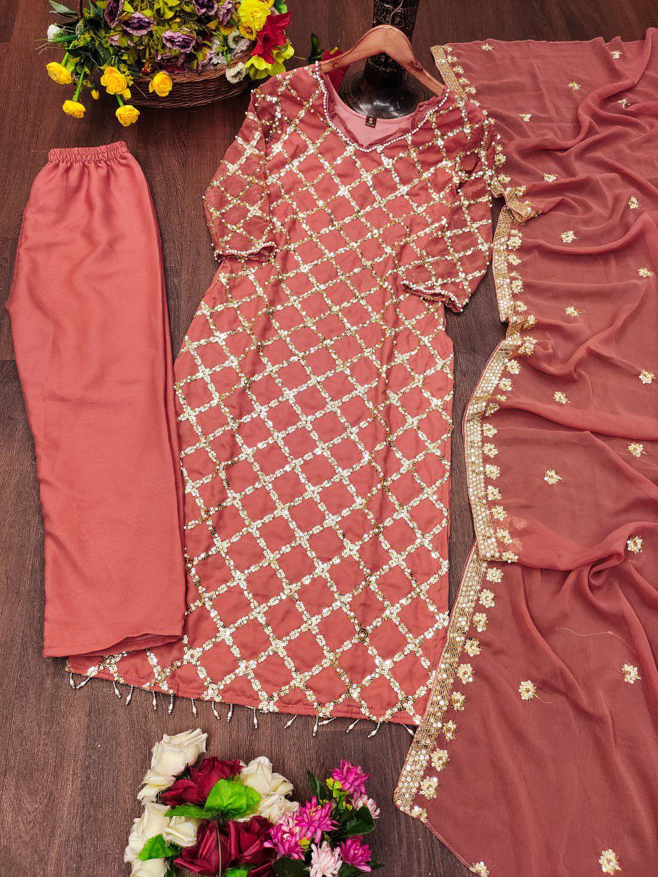 Designer Embroidered Fox Georgette Suit With Sequence Embroidered Work With Rivet Moti Drape Dress