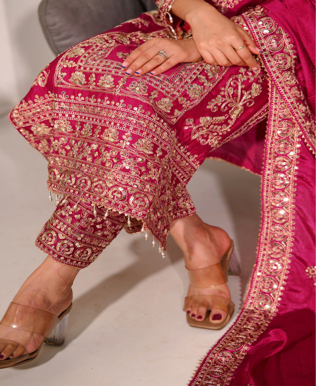 Chinon Coding-Sequin Embroidered Suit Set | Designer Festive Wear Drape Dress