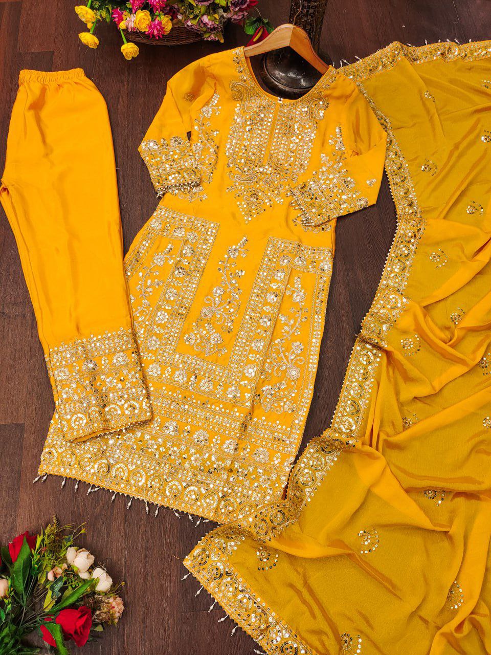 Chinon Coding-Sequin Embroidered Suit Set | Designer Festive Wear Drape Dress