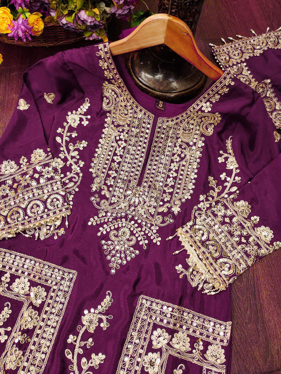 Chinon Coding-Sequin Embroidered Suit Set | Designer Festive Wear Drape Dress