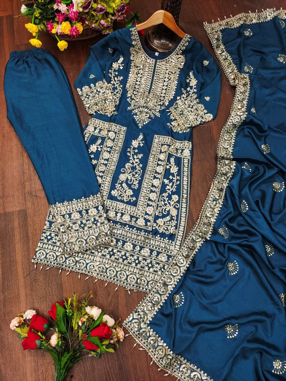 Chinon Coding-Sequin Embroidered Suit Set | Designer Festive Wear Drape Dress