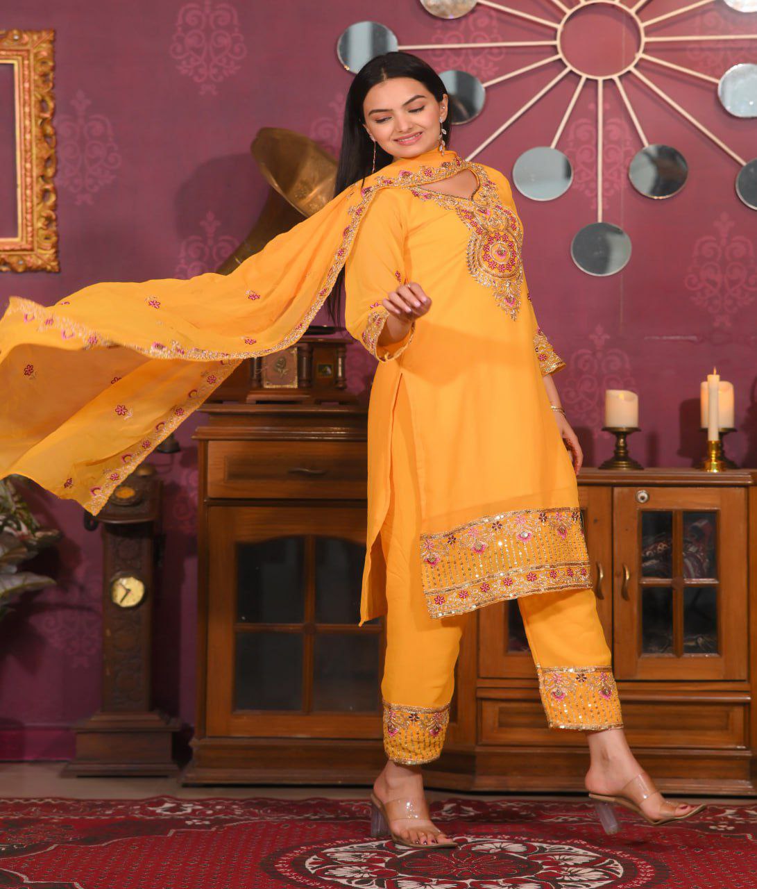 Designer Fox Georgette Sequin-Embroidered Suit Set | Festive Ethnic Wear Drape Dress