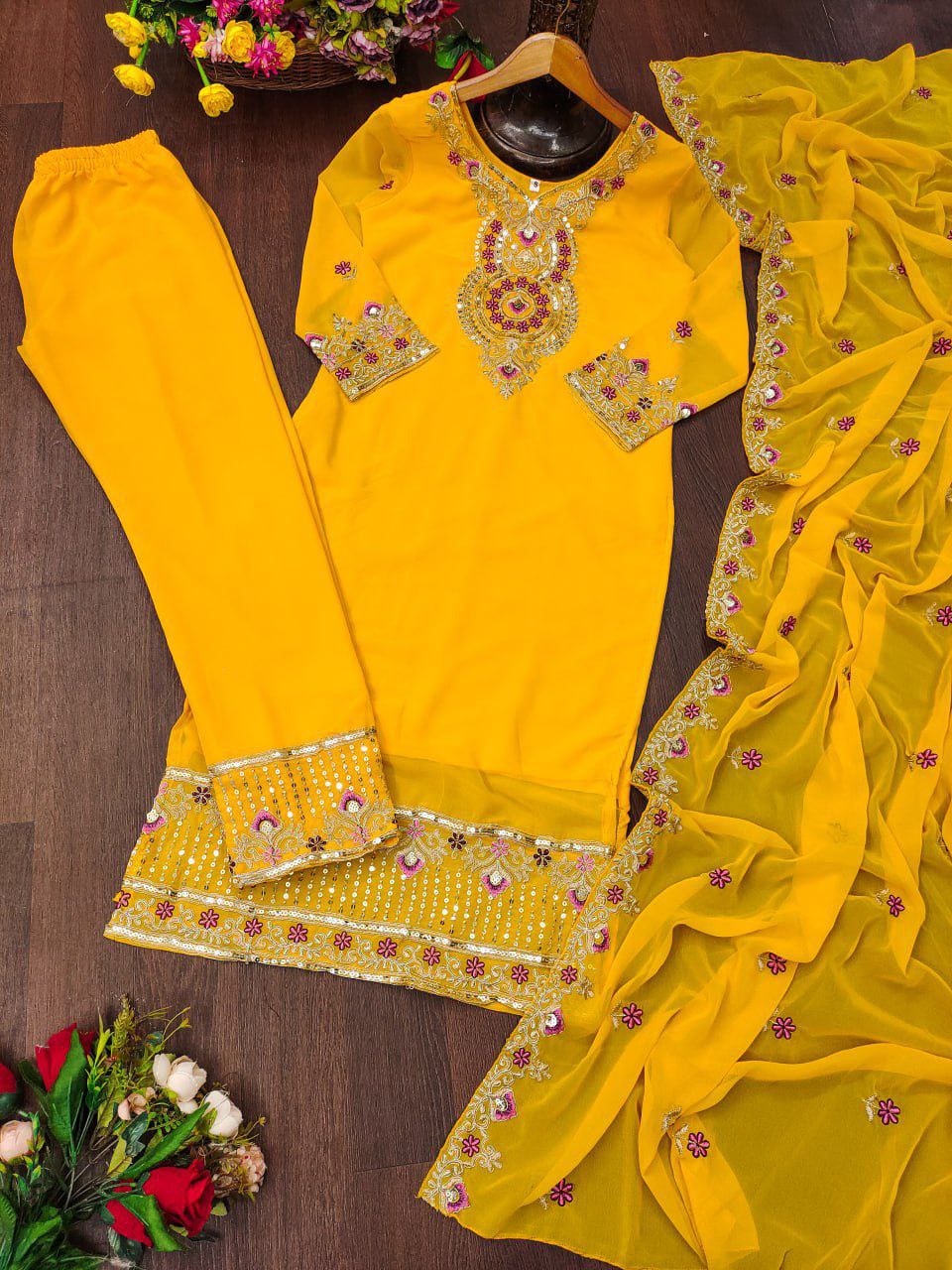 Designer Fox Georgette Sequin-Embroidered Suit Set | Festive Ethnic Wear Drape Dress