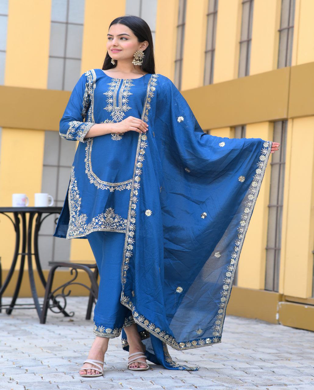 Chinon Sequence-Embroidered Designer Suit Set | Festive Wear Drape Dress