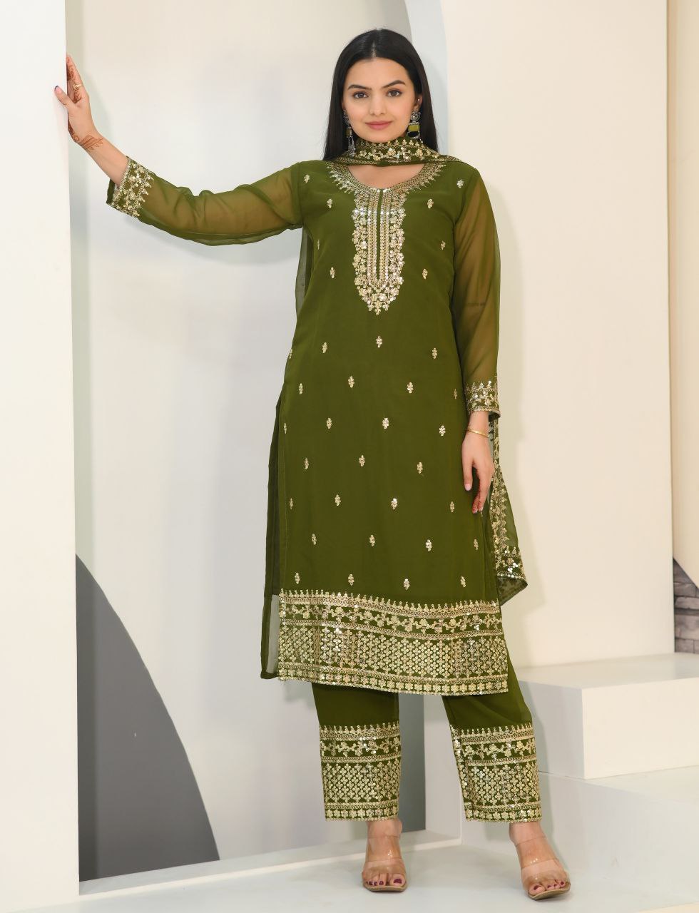 Fox Georgette Designer Embroidered Suit Set | Party-Wear Salwar Kameez Drape Dress