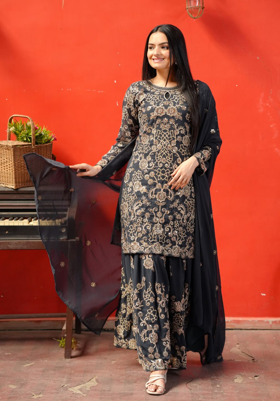 Designer Fox Georgette Sharara Suit with Heavy Sequin & Coding Embroidery Work