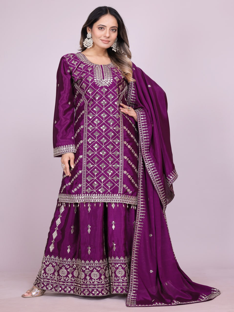 Designer Chinon Sharara Suit with Elegant Coding Sequence Embroidery
