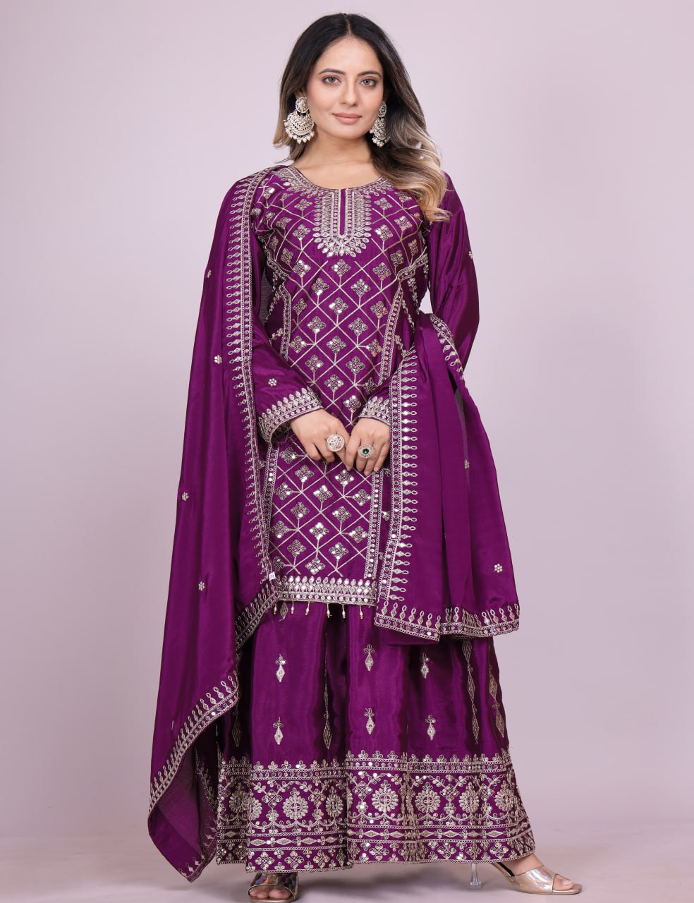 Designer Chinon Sharara Suit with Elegant Coding Sequence Embroidery