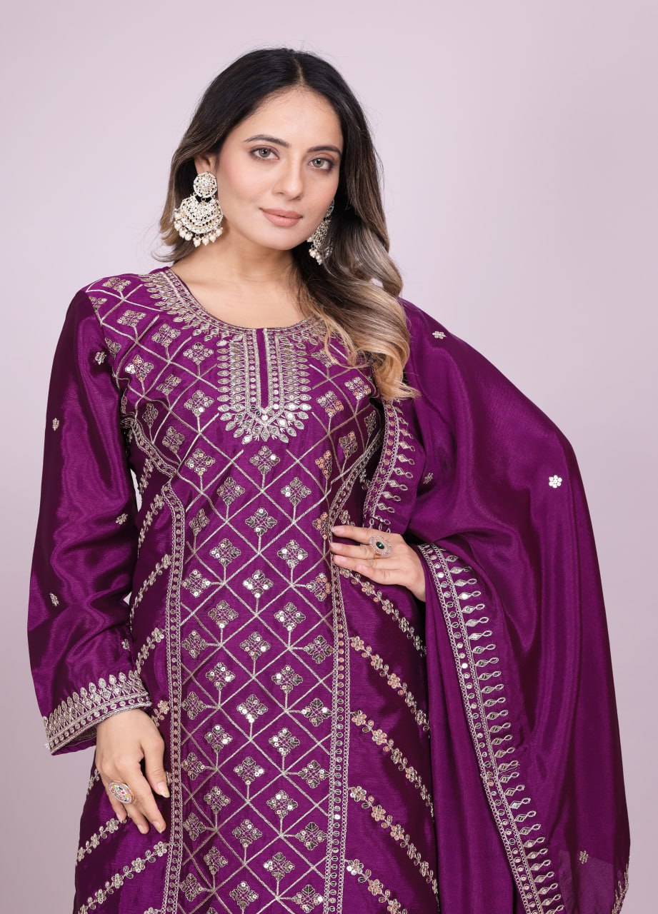 Designer Chinon Sharara Suit with Elegant Coding Sequence Embroidery