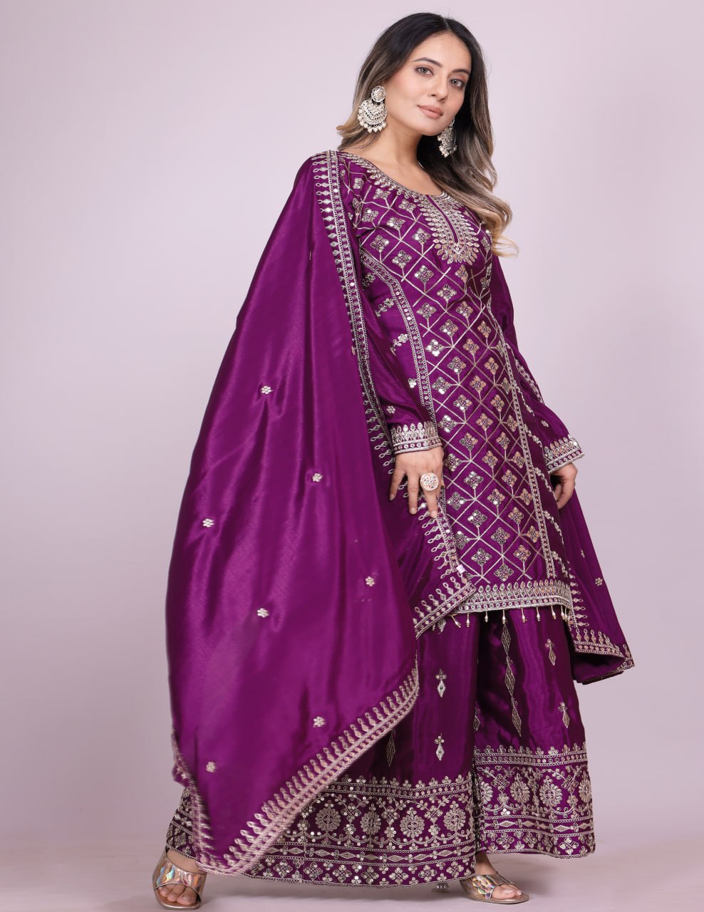 Designer Chinon Sharara Suit with Elegant Coding Sequence Embroidery