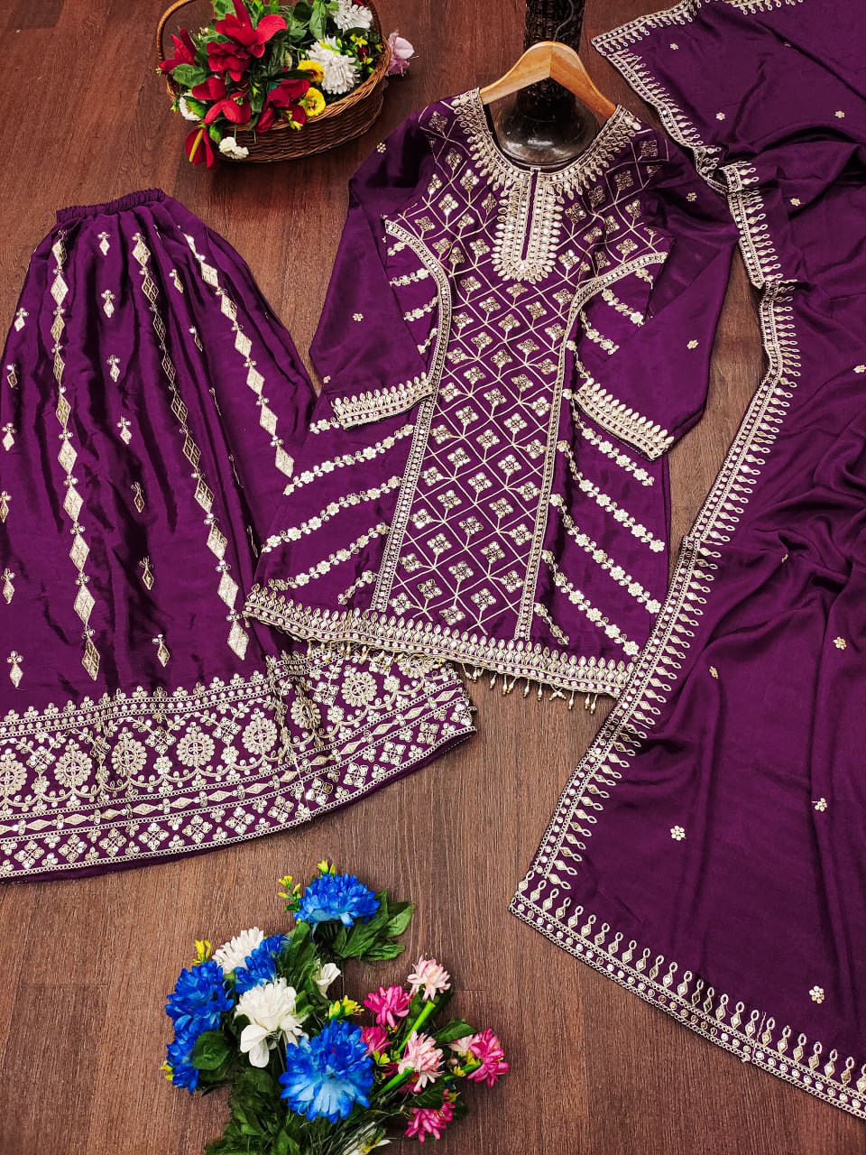 Designer Chinon Sharara Suit with Elegant Coding Sequence Embroidery