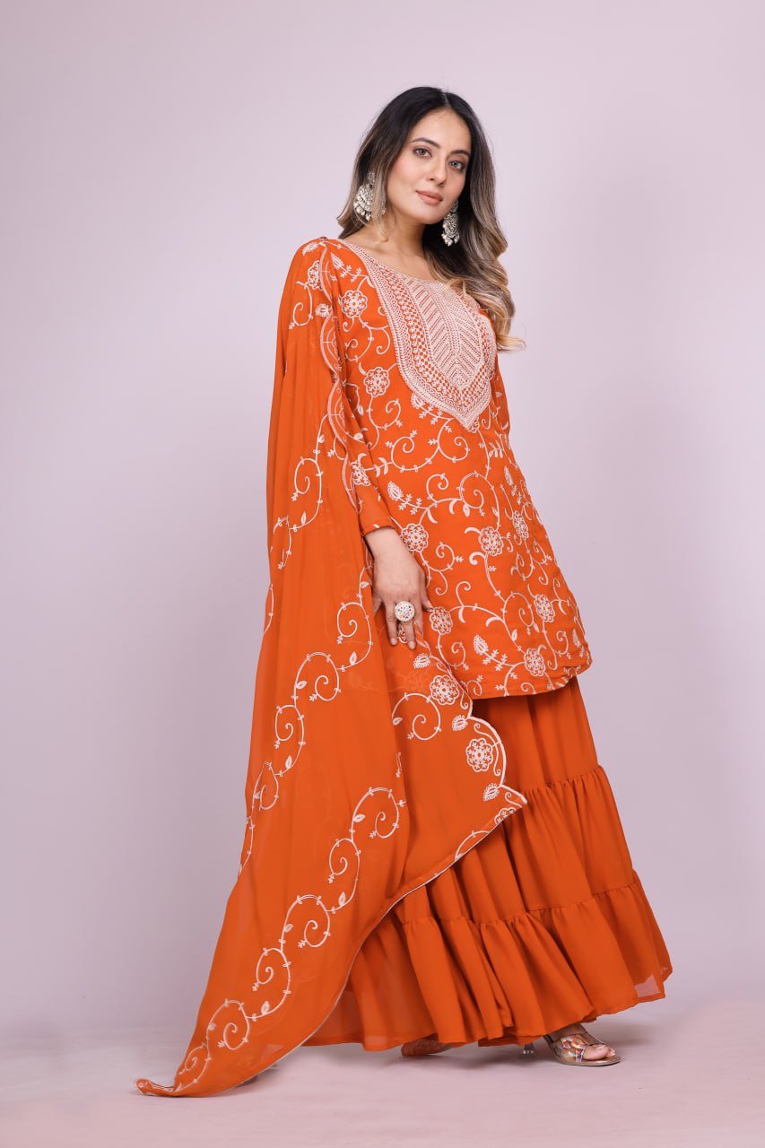 Designer Georgette Sharara Suit with Beautiful Embroidered Work