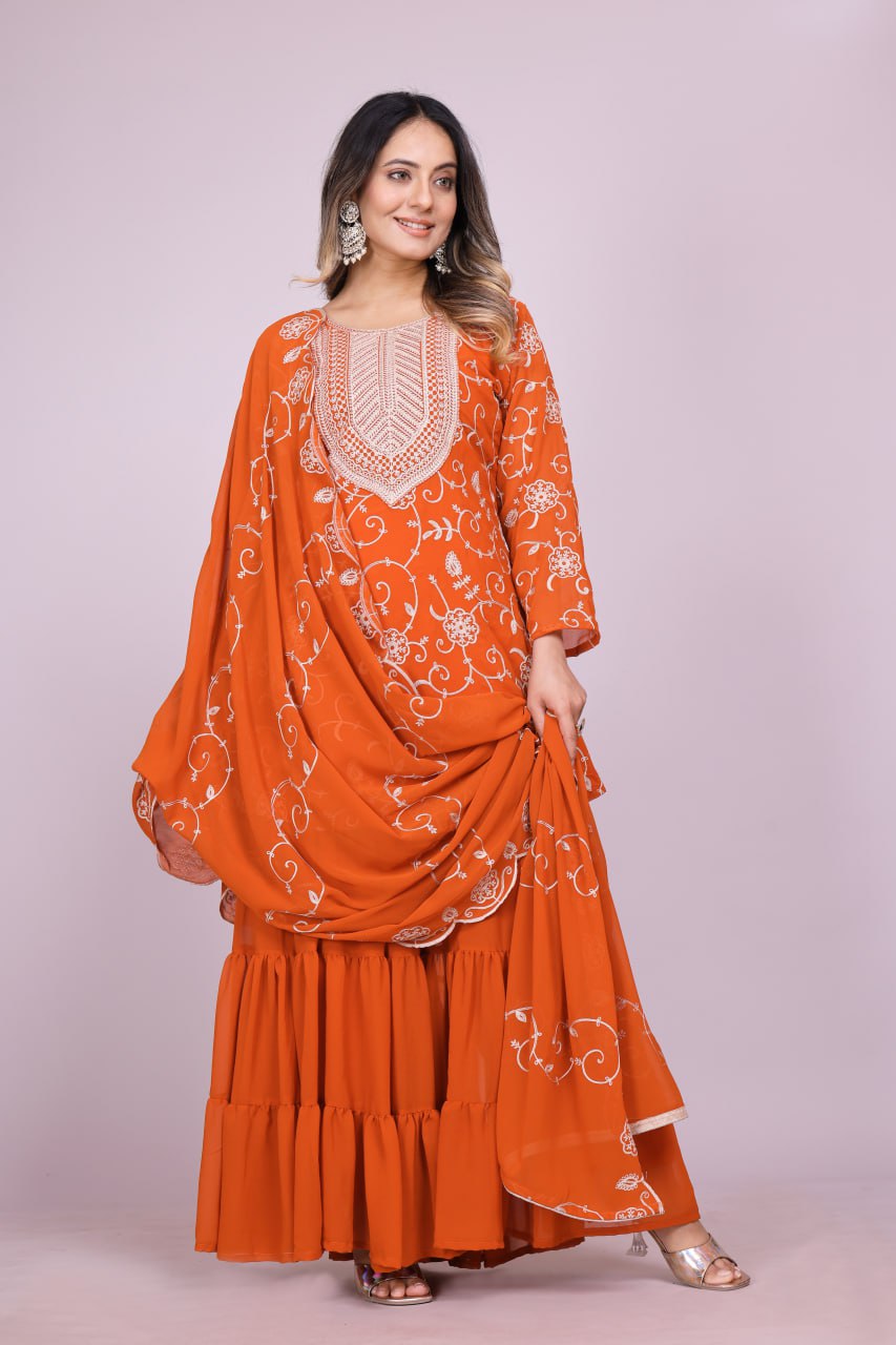 Designer Georgette Sharara Suit with Beautiful Embroidered Work