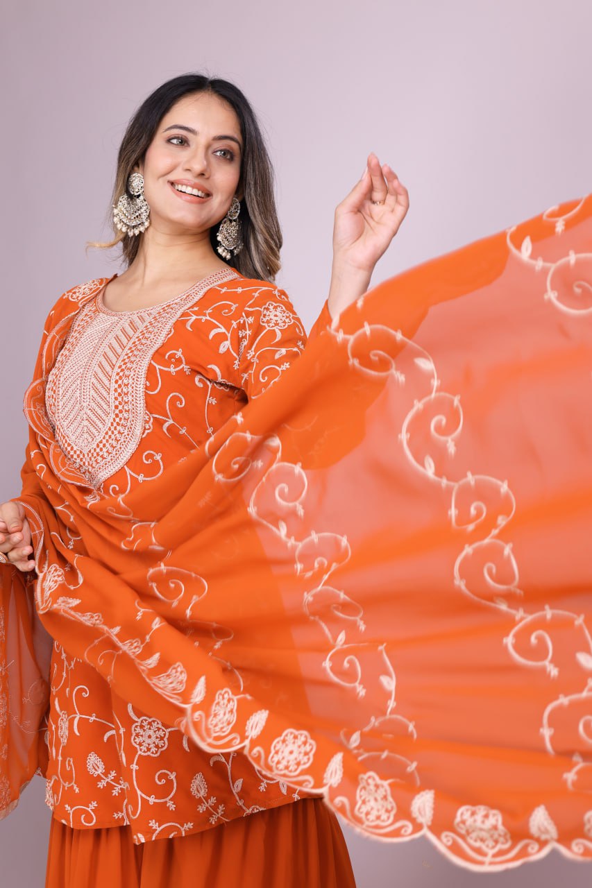 Designer Georgette Sharara Suit with Beautiful Embroidered Work