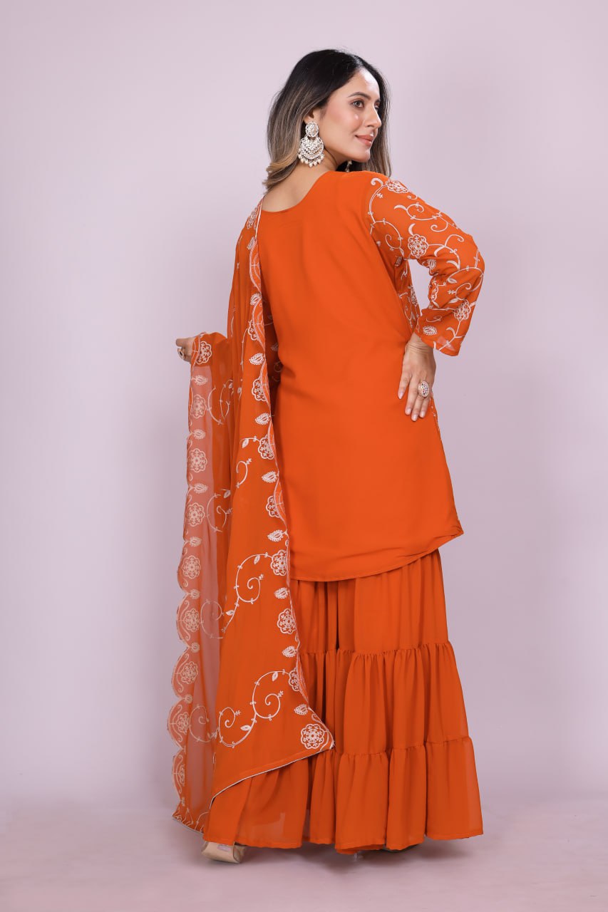 Designer Georgette Sharara Suit with Beautiful Embroidered Work