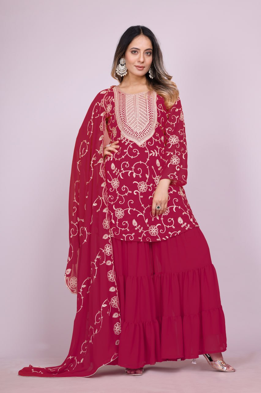 Designer Georgette Sharara Suit with Beautiful Embroidered Work