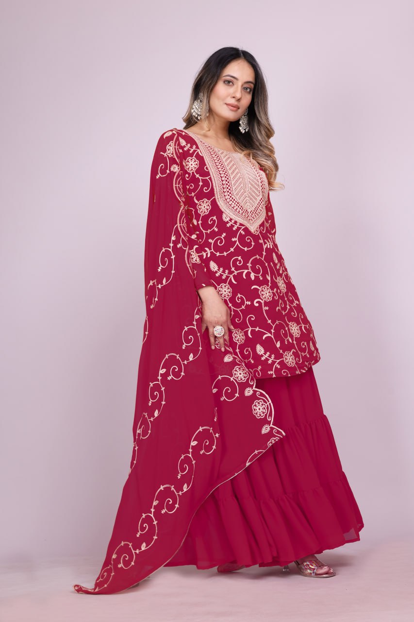 Designer Georgette Sharara Suit with Beautiful Embroidered Work