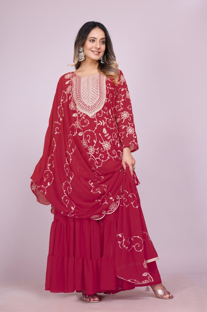 Designer Georgette Sharara Suit with Beautiful Embroidered Work