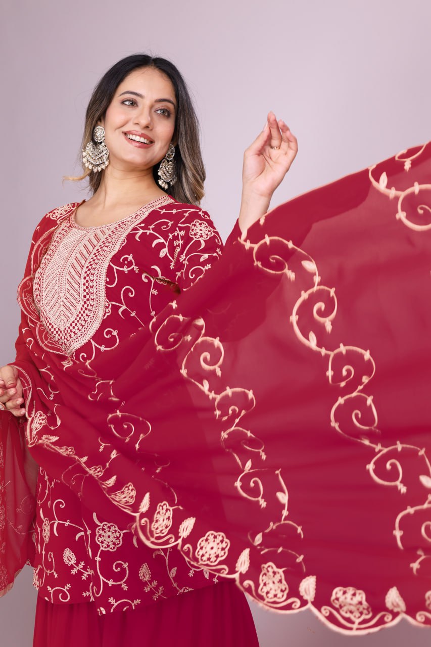 Designer Georgette Sharara Suit with Beautiful Embroidered Work