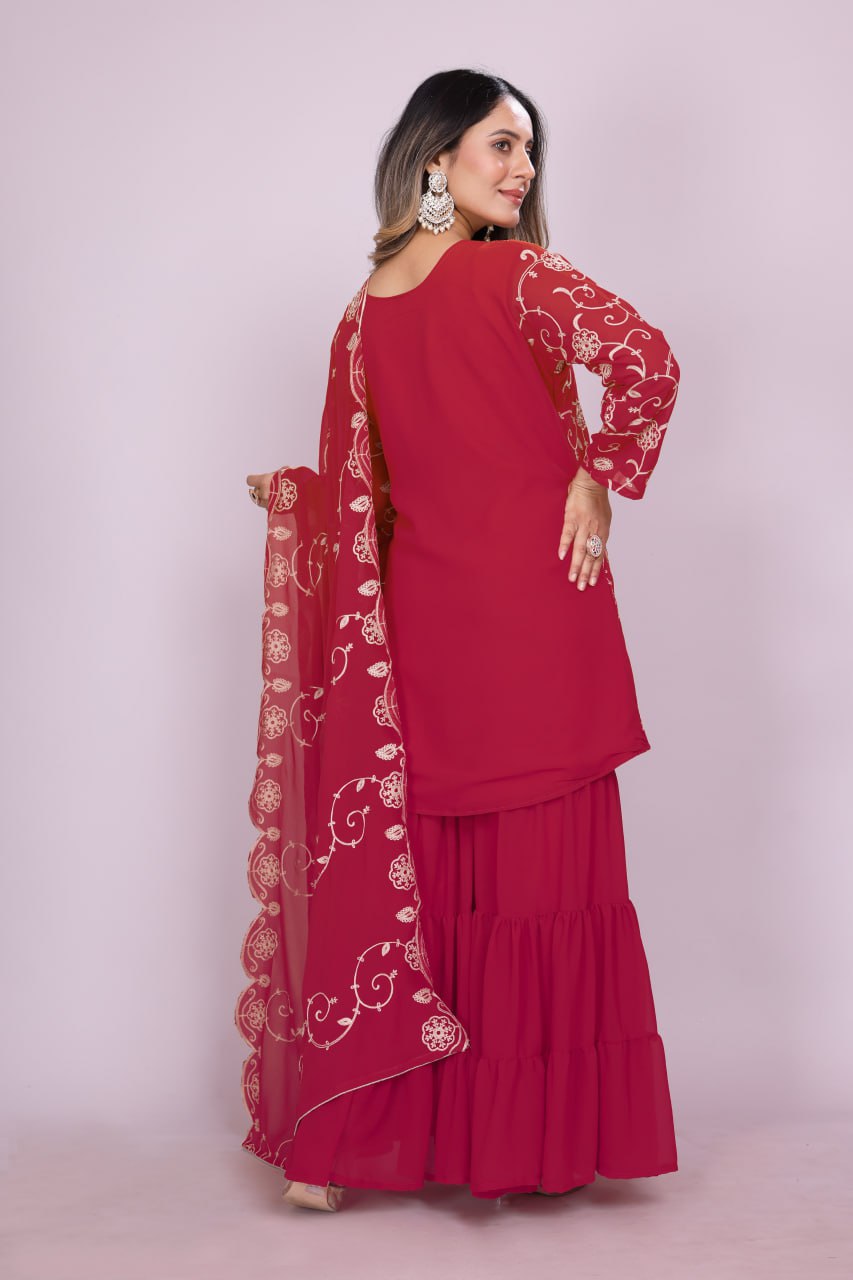 Designer Georgette Sharara Suit with Beautiful Embroidered Work