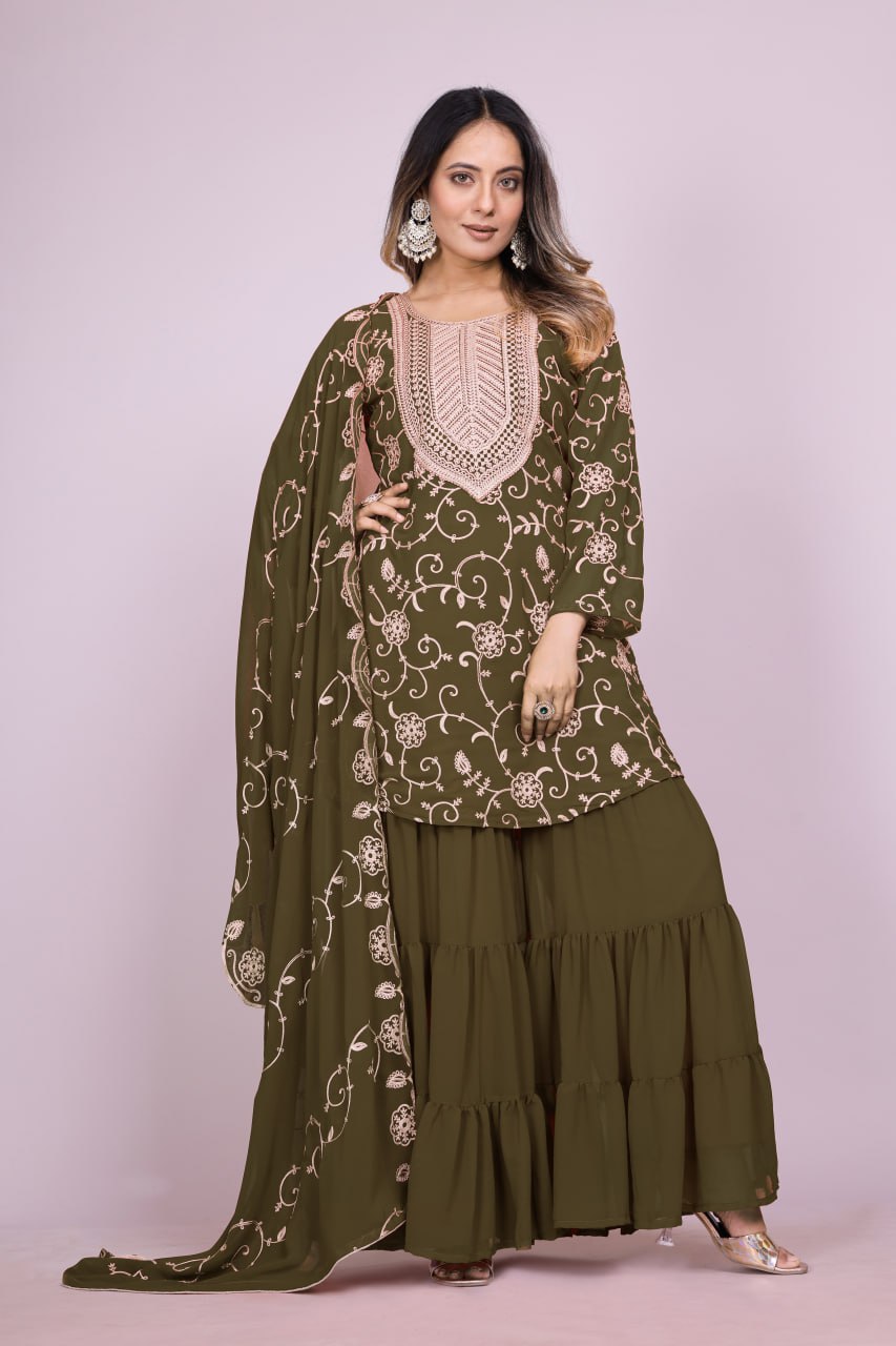 Designer Georgette Sharara Suit with Beautiful Embroidered Work