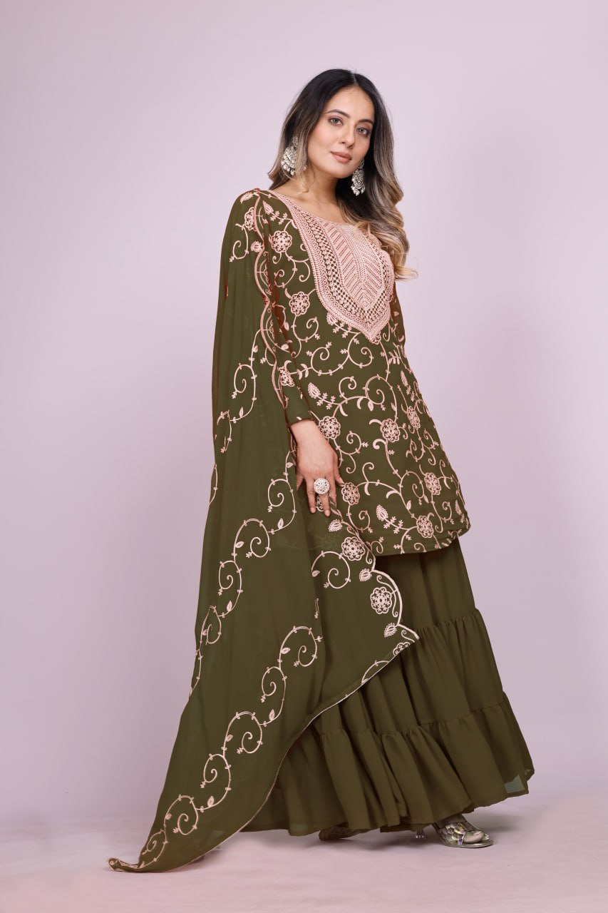 Designer Georgette Sharara Suit with Beautiful Embroidered Work