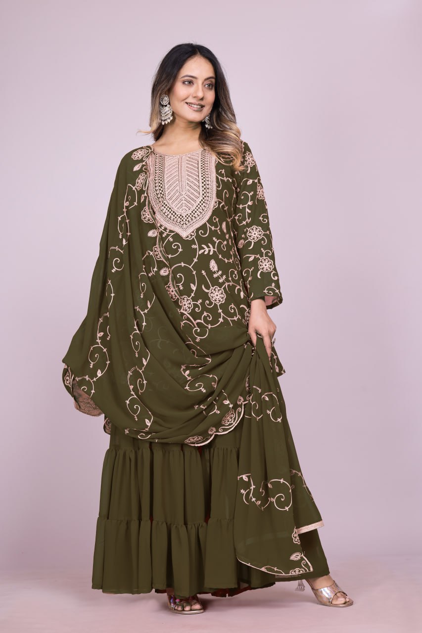Designer Georgette Sharara Suit with Beautiful Embroidered Work
