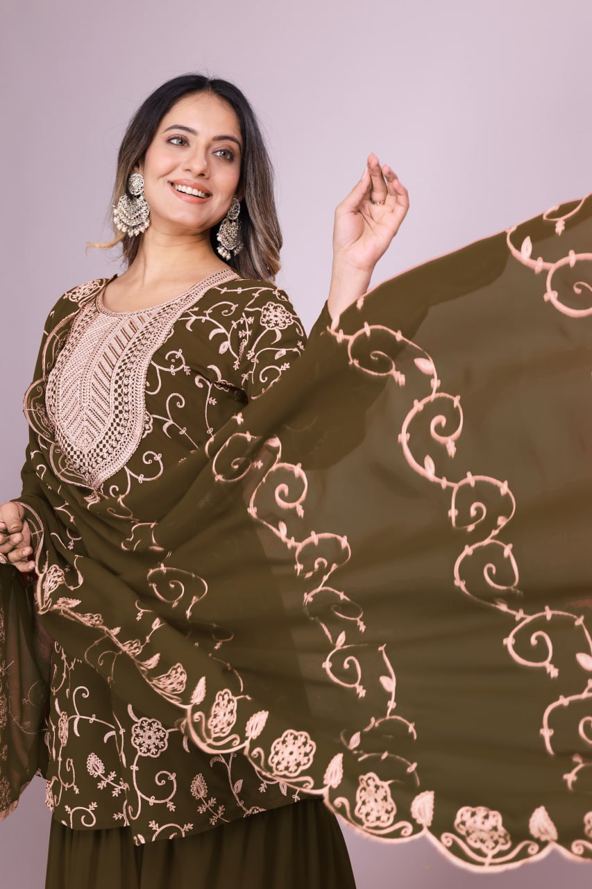 Designer Georgette Sharara Suit with Beautiful Embroidered Work